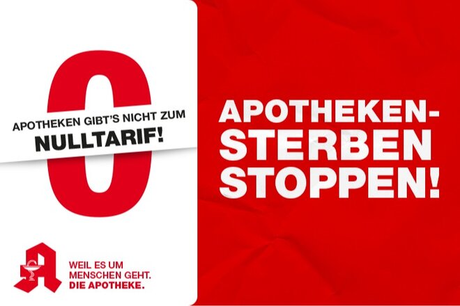 Eine Null als zentrale Botschaft mit dem Apotheken-A und dem Slogan Apothekensterben stoppen!